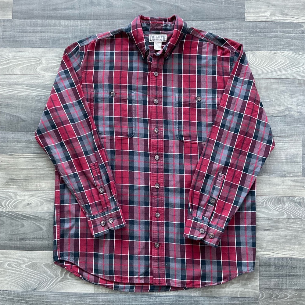 Duluth Trading Free Swingin Flannel Shirt Men’s LARGE TALL Red Black Grey 52007